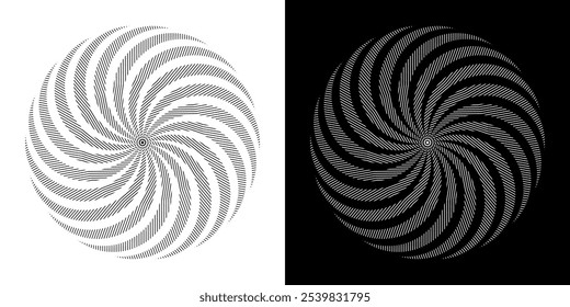 Abstract background with lines pattern in circles. Spiral art design as logo or icon. A black figure on a white background and the same white figure on the black side. Mandala with line pattern.