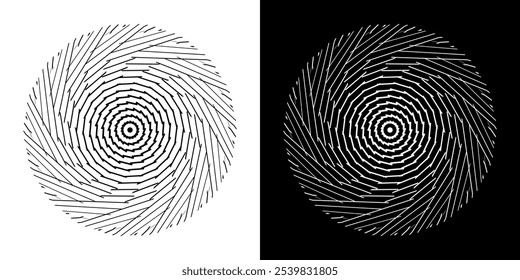 Fundo abstrato com padrão de linhas em círculos. Projeto de arte em espiral como logotipo ou ícone. Uma figura preta sobre um fundo branco e a mesma figura branca no lado preto. Mandala com padrão de linha.