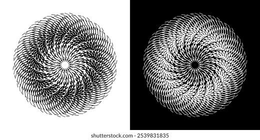 Abstract background with lines pattern in circles. Spiral art design as logo or icon. A black figure on a white background and the same white figure on the black side. Mandala with line pattern.