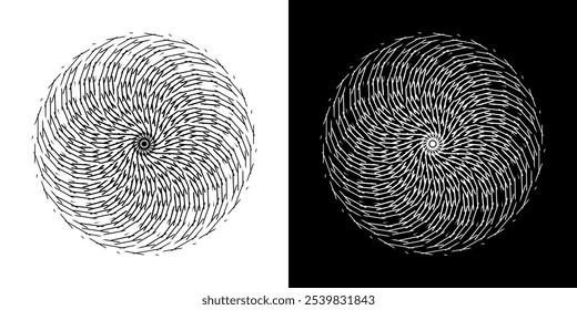 Abstract background with lines pattern in circles. Spiral art design as logo or icon. A black figure on a white background and the same white figure on the black side. Mandala with line pattern.
