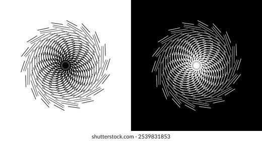 Fundo abstrato com padrão de linhas em círculos. Projeto de arte em espiral como logotipo ou ícone. Uma figura preta sobre um fundo branco e a mesma figura branca no lado preto. Mandala com padrão de linha.