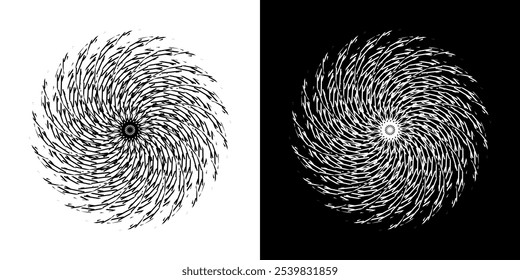 Abstract background with lines pattern in circles. Spiral art design as logo or icon. A black figure on a white background and the same white figure on the black side. Mandala with line pattern.