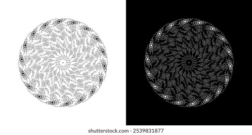 Abstract background with lines pattern in circles. Spiral art design as logo or icon. A black figure on a white background and the same white figure on the black side. Mandala with line pattern.