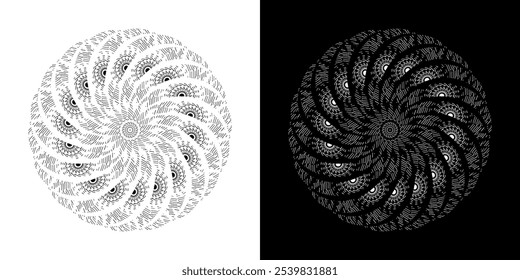 Abstract background with lines pattern in circles. Spiral art design as logo or icon. A black figure on a white background and the same white figure on the black side. Mandala with line pattern.