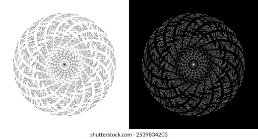 Fundo abstrato com padrão de linhas em círculos. Projeto de arte em espiral como logotipo ou ícone. Uma figura preta sobre um fundo branco e a mesma figura branca no lado preto. Mandala com padrão de linha.