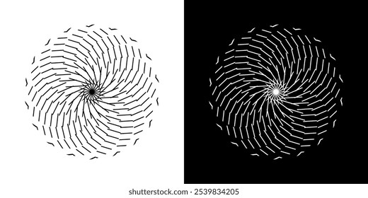 Abstract background with lines pattern in circles. Spiral art design as logo or icon. A black figure on a white background and the same white figure on the black side. Mandala with line pattern.