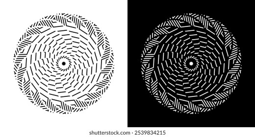 Abstract background with lines pattern in circles. Spiral art design as logo or icon. A black figure on a white background and the same white figure on the black side. Mandala with line pattern.