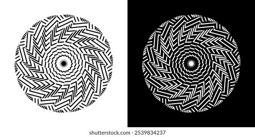 Abstract background with lines pattern in circles. Spiral art design as logo or icon. A black figure on a white background and the same white figure on the black side. Mandala with line pattern.