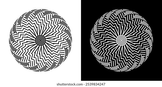 Abstract background with lines pattern in circles. Spiral art design as logo or icon. A black figure on a white background and the same white figure on the black side. Mandala with line pattern.