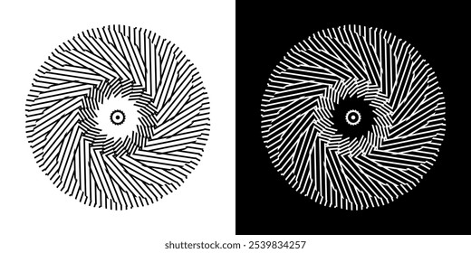 Abstract background with lines pattern in circles. Spiral art design as logo or icon. A black figure on a white background and the same white figure on the black side. Mandala with line pattern.