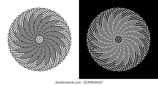 Abstract background with lines pattern in circles. Spiral art design as logo or icon. A black figure on a white background and the same white figure on the black side. Mandala with line pattern.