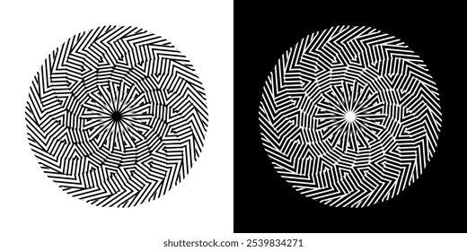 Abstract background with lines pattern in circles. Spiral art design as logo or icon. A black figure on a white background and the same white figure on the black side. Mandala with line pattern.