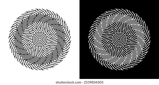 Abstract background with lines pattern in circles. Spiral art design as logo or icon. A black figure on a white background and the same white figure on the black side. Mandala with line pattern.