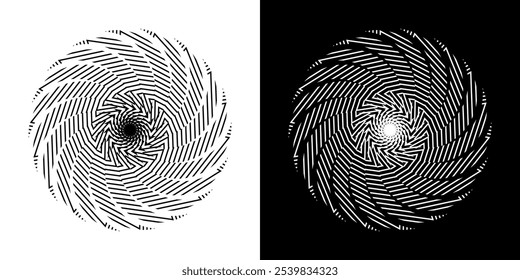 Abstract background with lines pattern in circles. Spiral art design as logo or icon. A black figure on a white background and the same white figure on the black side. Mandala with line pattern.
