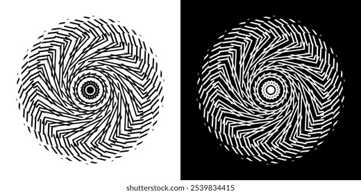 Abstract background with lines pattern in circles. Spiral art design as logo or icon. A black figure on a white background and the same white figure on the black side. Mandala with line pattern.