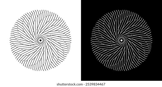 Fundo abstrato com padrão de linhas em círculos. Projeto de arte em espiral como logotipo ou ícone. Uma figura preta sobre um fundo branco e a mesma figura branca no lado preto. Mandala com padrão de linha.