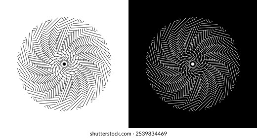 Abstract background with lines pattern in circles. Spiral art design as logo or icon. A black figure on a white background and the same white figure on the black side. Mandala with line pattern.