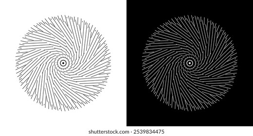 Abstrakter Hintergrund mit Linien Muster in Kreisen. Spiral Art Design als Logo oder Icon. Eine schwarze Figur auf weißem Hintergrund und dieselbe weiße Figur auf der schwarzen Seite. Mandala mit Linienmuster.