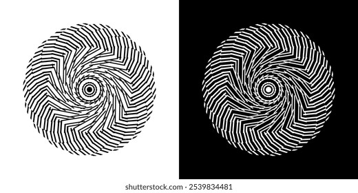 Abstract background with lines pattern in circles. Spiral art design as logo or icon. A black figure on a white background and the same white figure on the black side. Mandala with line pattern.