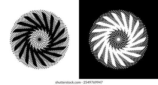 Abstract background with lines pattern in circles. Spiral art design as logo or icon. A black figure on a white background and the same white figure on the black side. Mandala with line pattern.