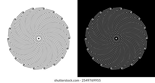 Abstract background with lines pattern in circles. Spiral art design as logo or icon. A black figure on a white background and the same white figure on the black side. Mandala with line pattern.