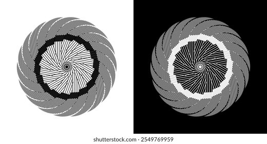 Fundo abstrato com padrão de linhas em círculos. Projeto de arte em espiral como logotipo ou ícone. Uma figura preta sobre um fundo branco e a mesma figura branca no lado preto. Mandala com padrão de linha.