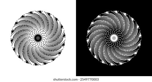 Abstract background with lines pattern in circles. Spiral art design as logo or icon. A black figure on a white background and the same white figure on the black side. Mandala with line pattern.