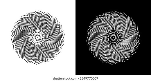 Abstract background with lines pattern in circles. Spiral art design as logo or icon. A black figure on a white background and the same white figure on the black side. Mandala with line pattern.