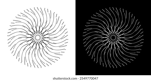 Abstract background with lines pattern in circles. Spiral art design as logo or icon. A black figure on a white background and the same white figure on the black side. Mandala with line pattern.