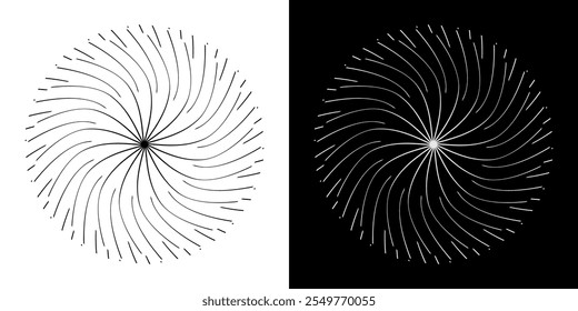 Abstract background with lines pattern in circles. Spiral art design as logo or icon. A black figure on a white background and the same white figure on the black side. Mandala with line pattern.