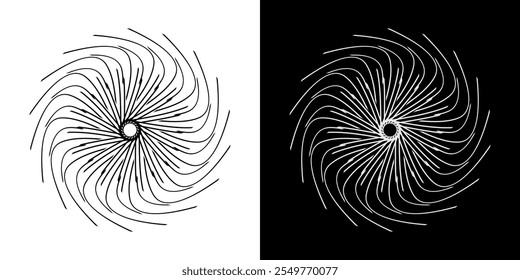 Abstract background with lines pattern in circles. Spiral art design as logo or icon. A black figure on a white background and the same white figure on the black side. Mandala with line pattern.