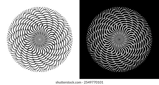Fundo abstrato com padrão de linhas em círculos. Projeto de arte em espiral como logotipo ou ícone. Uma figura preta sobre um fundo branco e a mesma figura branca no lado preto. Mandala com padrão de linha.