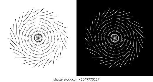 Abstract background with lines pattern in circles. Spiral art design as logo or icon. A black figure on a white background and the same white figure on the black side. Mandala with line pattern.
