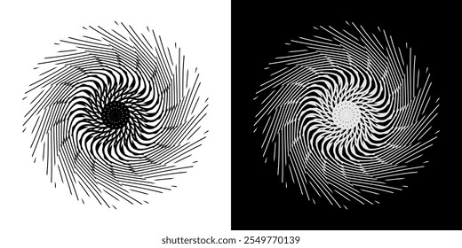 Abstract background with lines pattern in circles. Spiral art design as logo or icon. A black figure on a white background and the same white figure on the black side. Mandala with line pattern.