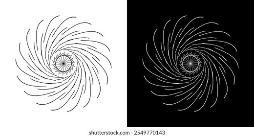 Abstract background with lines pattern in circles. Spiral art design as logo or icon. A black figure on a white background and the same white figure on the black side. Mandala with line pattern.