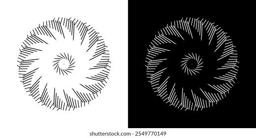 Abstract background with lines pattern in circles. Spiral art design as logo or icon. A black figure on a white background and the same white figure on the black side. Mandala with line pattern.