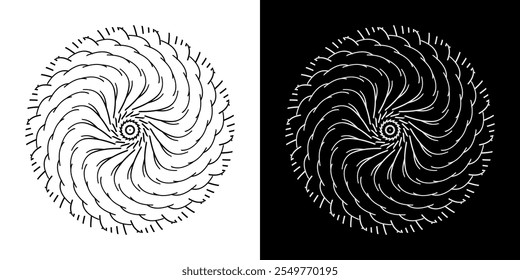 Abstract background with lines pattern in circles. Spiral art design as logo or icon. A black figure on a white background and the same white figure on the black side. Mandala with line pattern.