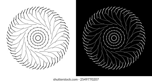 Abstract background with lines pattern in circles. Spiral art design as logo or icon. A black figure on a white background and the same white figure on the black side. Mandala with line pattern.