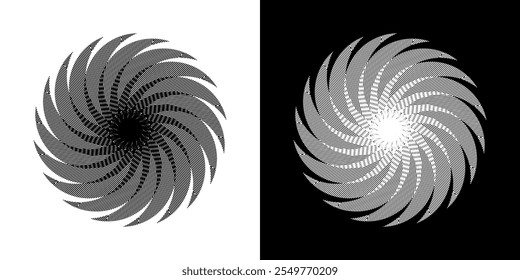 Abstract background with lines pattern in circles. Spiral art design as logo or icon. A black figure on a white background and the same white figure on the black side. Mandala with line pattern.