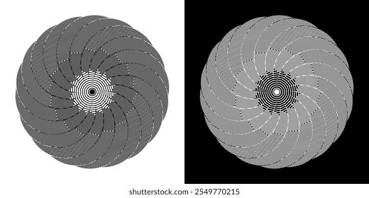 Abstract background with lines pattern in circles. Spiral art design as logo or icon. A black figure on a white background and the same white figure on the black side. Mandala with line pattern.