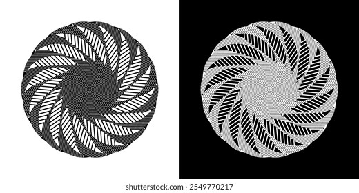 Abstract background with lines pattern in circles. Spiral art design as logo or icon. A black figure on a white background and the same white figure on the black side. Mandala with line pattern.