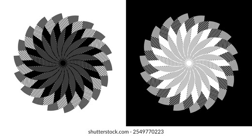 Fundo abstrato com padrão de linhas em círculos. Projeto de arte em espiral como logotipo ou ícone. Uma figura preta sobre um fundo branco e a mesma figura branca no lado preto. Mandala com padrão de linha.