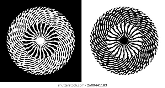 Abstract background with lines pattern in circles. Spiral art design as logo or icon. A black figure on a white background and the same white figure on the black side. Mandala with line pattern.