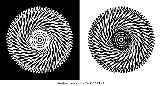 Abstract background with lines pattern in circles. Spiral art design as logo or icon. A black figure on a white background and the same white figure on the black side. Mandala with line pattern.