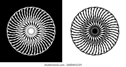 Abstract background with lines pattern in circles. Spiral art design as logo or icon. A black figure on a white background and the same white figure on the black side. Mandala with line pattern.