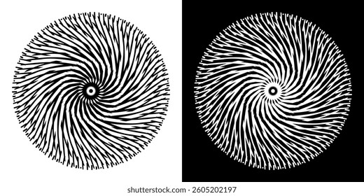 Abstract background with lines pattern in circles. Spiral art design as logo or icon. A black figure on a white background and the same white figure on the black side. Mandala with line pattern.