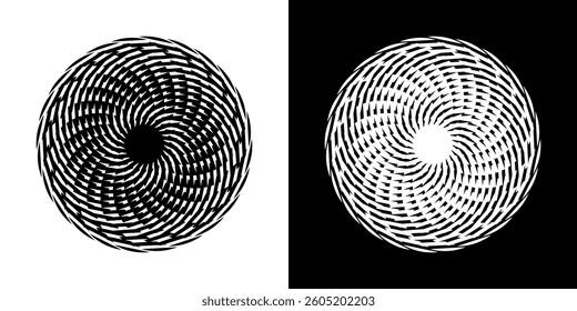 Abstract background with lines pattern in circles. Spiral art design as logo or icon. A black figure on a white background and the same white figure on the black side. Mandala with line pattern.