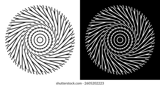 Abstract background with lines pattern in circles. Spiral art design as logo or icon. A black figure on a white background and the same white figure on the black side. Mandala with line pattern.
