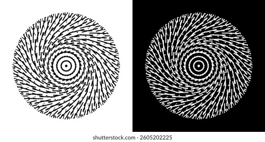Abstract background with lines pattern in circles. Spiral art design as logo or icon. A black figure on a white background and the same white figure on the black side. Mandala with line pattern.