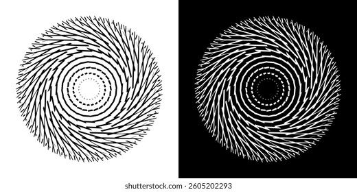 Abstract background with lines pattern in circles. Spiral art design as logo or icon. A black figure on a white background and the same white figure on the black side. Mandala with line pattern.